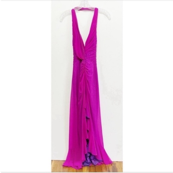 Tadashi Shoji dress pink purple mermaid ruffles sequins halter prom vintage